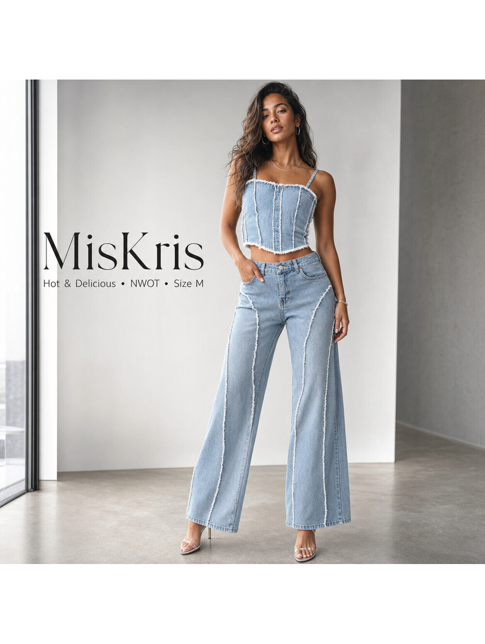 Hot & Delicious M Denim Corset Crop Top Wide Leg Jeans 2Pc Set NWOT
